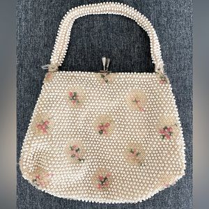 Vintage White Beaded Pink Flower Purse Evening Bag Very Old